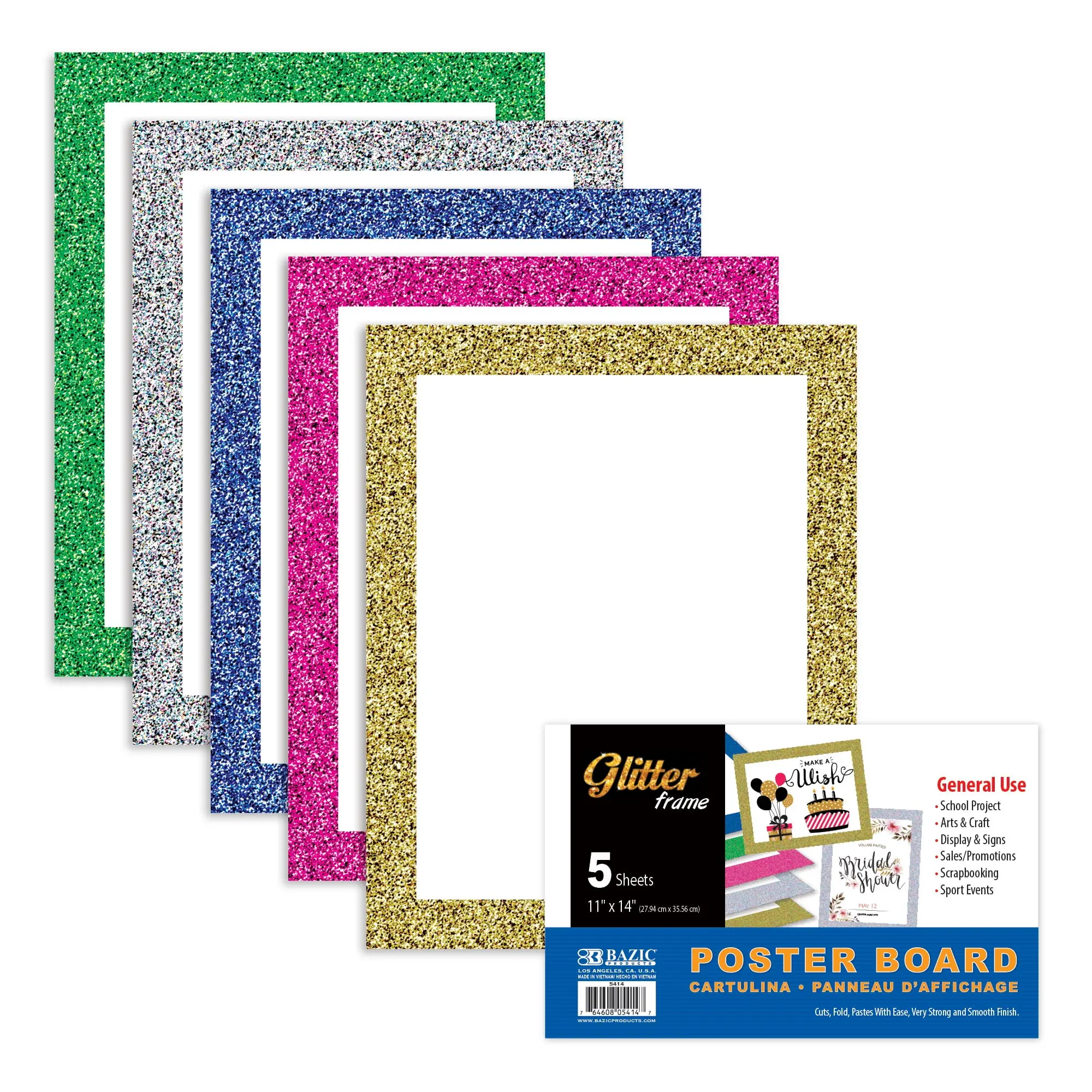 Bazic 5414 11 x 14 in. White Poster Board with Glitter Frame - 5 per Pack