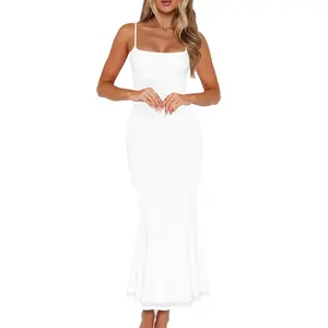 Mokoru Elegant Square Neck Adjustable Spaghetti Straps Mermaid Mesh Maxi Dress Double Layer Stretchy Bodycon, Perfect for Spring Wedding Guest, Date Night, Prom & Cocktail Parties (2026 Trend)