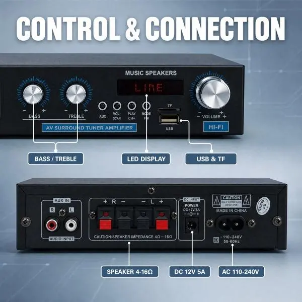 AK35 Mini Bluetooth Audio Power Amplifier - 2.0-Channel Hi-Fi Stereo Receiver, Supports USB/TF Card/FM Radio, Remote Control, 110-240V Audio Speaker Amplifier for Home Theater, Desktop Use