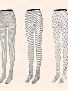 Set of 3 Plus Size Black Fishnet Stockings - High Waisted, Cut-Out Style for Women | Flexible & Airy Nylon Blend Leggings, Sheer, Ideal for Different Events