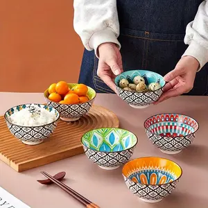 Boho Ceramic Bowl Set, 6 Counts/set Colorful Geometric Floral Pattern Bowl, Kitchen Bowl Set for Rice, Soup, Snack, Ice Cream, Side Dish, Kitchenware