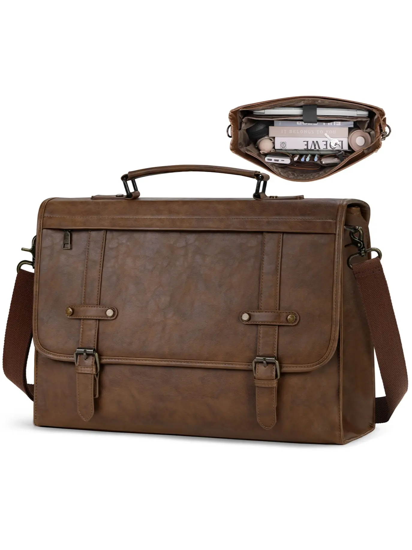 Men's Messenger Bag 17 Inch Waterproof Vintage Leather Laptop Briefcase, Large Capacity Computer Bag, Crossbody Shoulder Bag