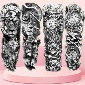 4 Large Full Arm Temporary Tattoo Stickers, Lion Rose Clock Dove Gothic Art, Waterproof Long-Lasting Fake Tattoos for Men Women, Gothic Skull Tattoo, Tattoo for Beginners