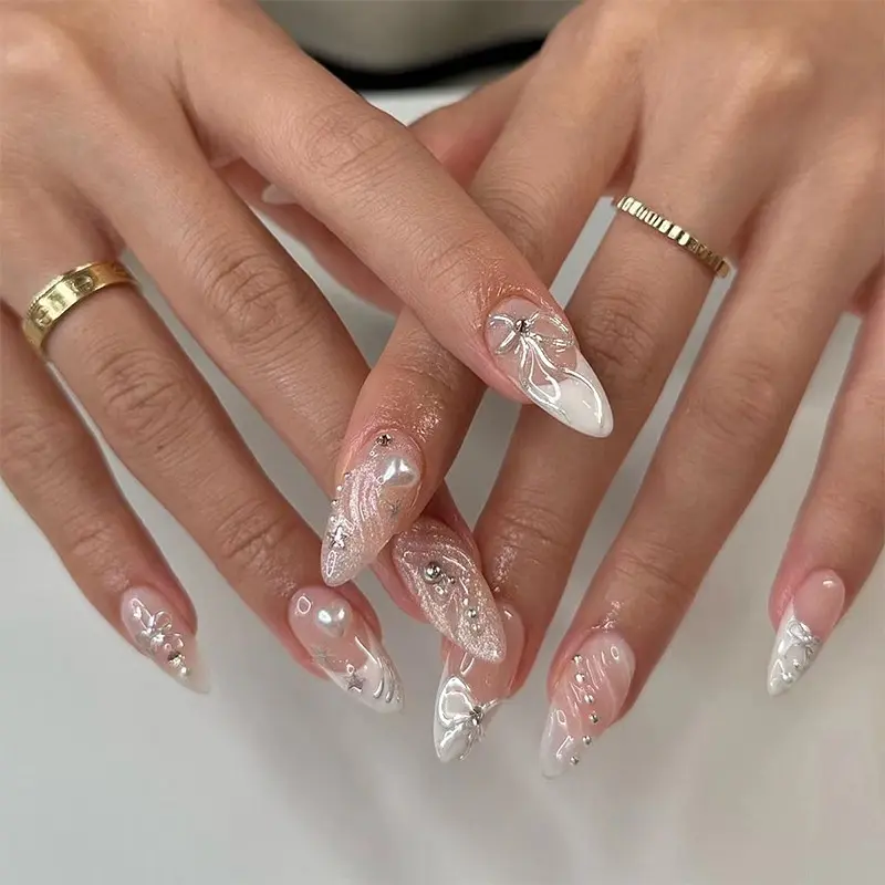 24pcs Almond Shape Nail Tips Set, Bow Heart Design Nail Designs Removable False Nails, Half Handmade Press On Manicure Kit with Nail File & Gel Glue, Fake Nails