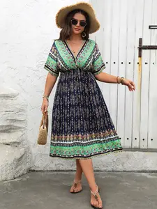 Women's Plus Size Floral Tribal Print Cinched Waist Dress, Casual Short Sleeve Dress for Spring, Summer & Fall, Casual Chic for Every Day, Womenswear, Vacation Dress, Plussize Outfits