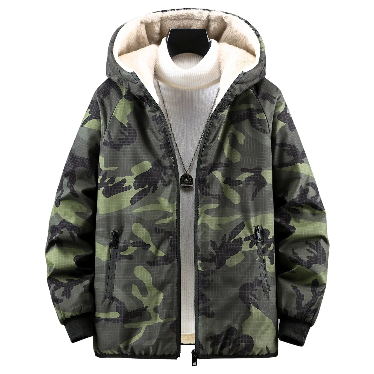Men's Camouflage Streetwear Puffer Jacket, Hooded Parka with Sweatshirt-Soft Fleece Lining, Water Resistant for Outdoor Concerts, Menswear, Casual, Tops, Plush, Coat, Oversized, Relaxed Fit, Pockets, Fabric