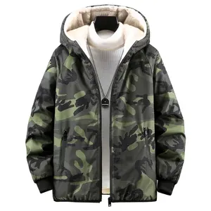 Men's European-American Style Plush Fabric Oversized Relaxed-Fit Camouflage Hooded Fleece-Cotton Parka Coat, Casual Plus-Size Menswear Outdoor Top with Pockets for Youth Students