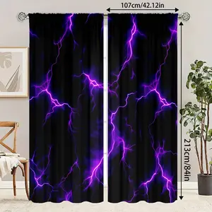 2-piece set of black purple lightning pattern curtains - machine washable semi transparent polyester fiber material, modern design, home decorator, 2D flat, bedroom and living room curtains, kitchen curtains