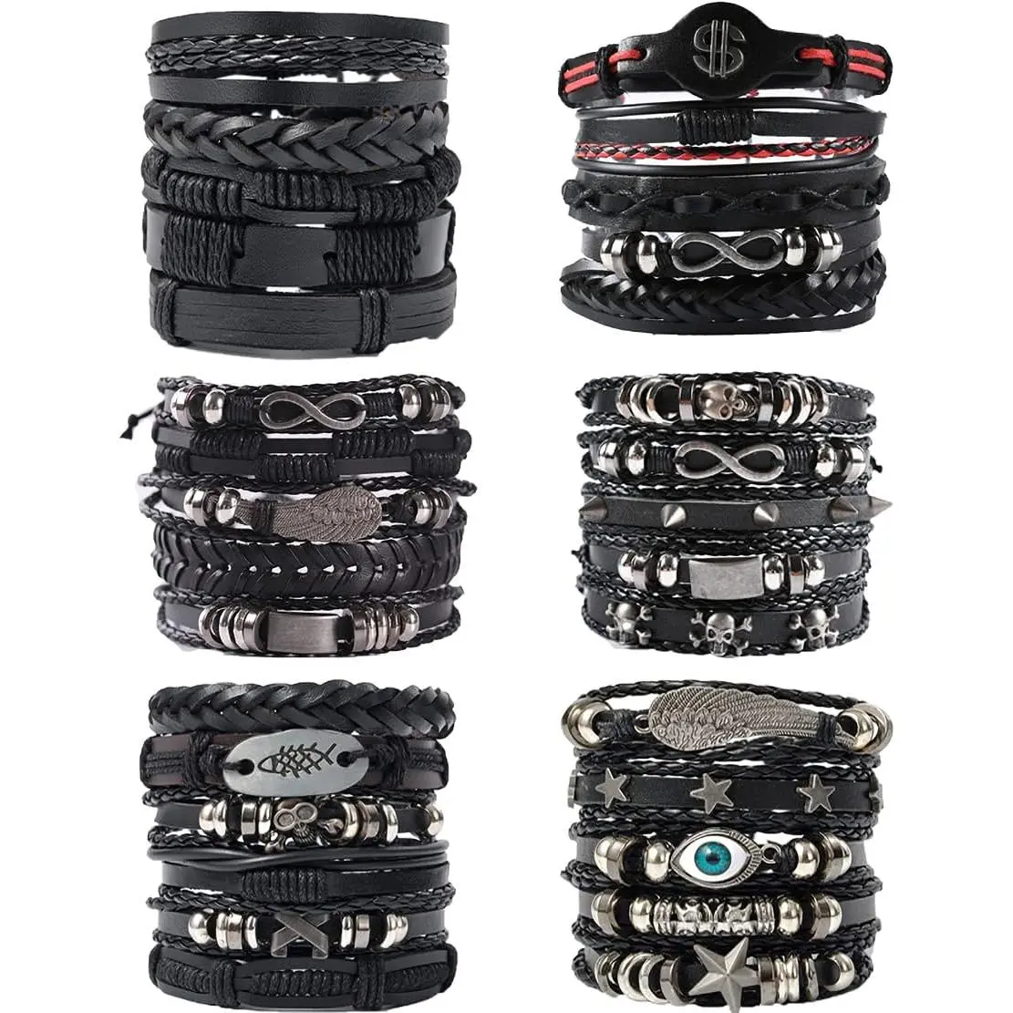 6-Pack Men's Black PU Mix Bracelets Set - Stackable Braided Cuff Wristbands, Tribal Punk Rock Handmade Adjustable 7-9.5 in Jewelry, Ideal Gifts, Mix Bracelet