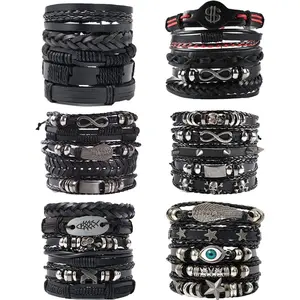 6 Pack Mens Black PU Bracelets Set for Men Stackable Braided Cuff Bracelet Tribal Punk Rock Handmade Wristband Adjustable Length 7-9.5 Inches Hand Braided PU Bracelets Ideal Gifts