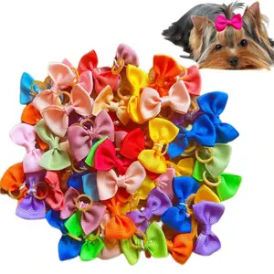 30pcs Puppy Yorkie Dog Hair Bow Pure Ribbon With Rubber Band 40mm Pet Grooming Products Mix Colors Varies Patterns Pet Hair Bows (Pure Ribbon Rubber Bow)