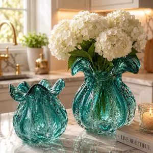 Luxury Teal Sculpted Glass Vase Set - Elegant, Modern Home Décor Piece for Living Room, Dining Table Display