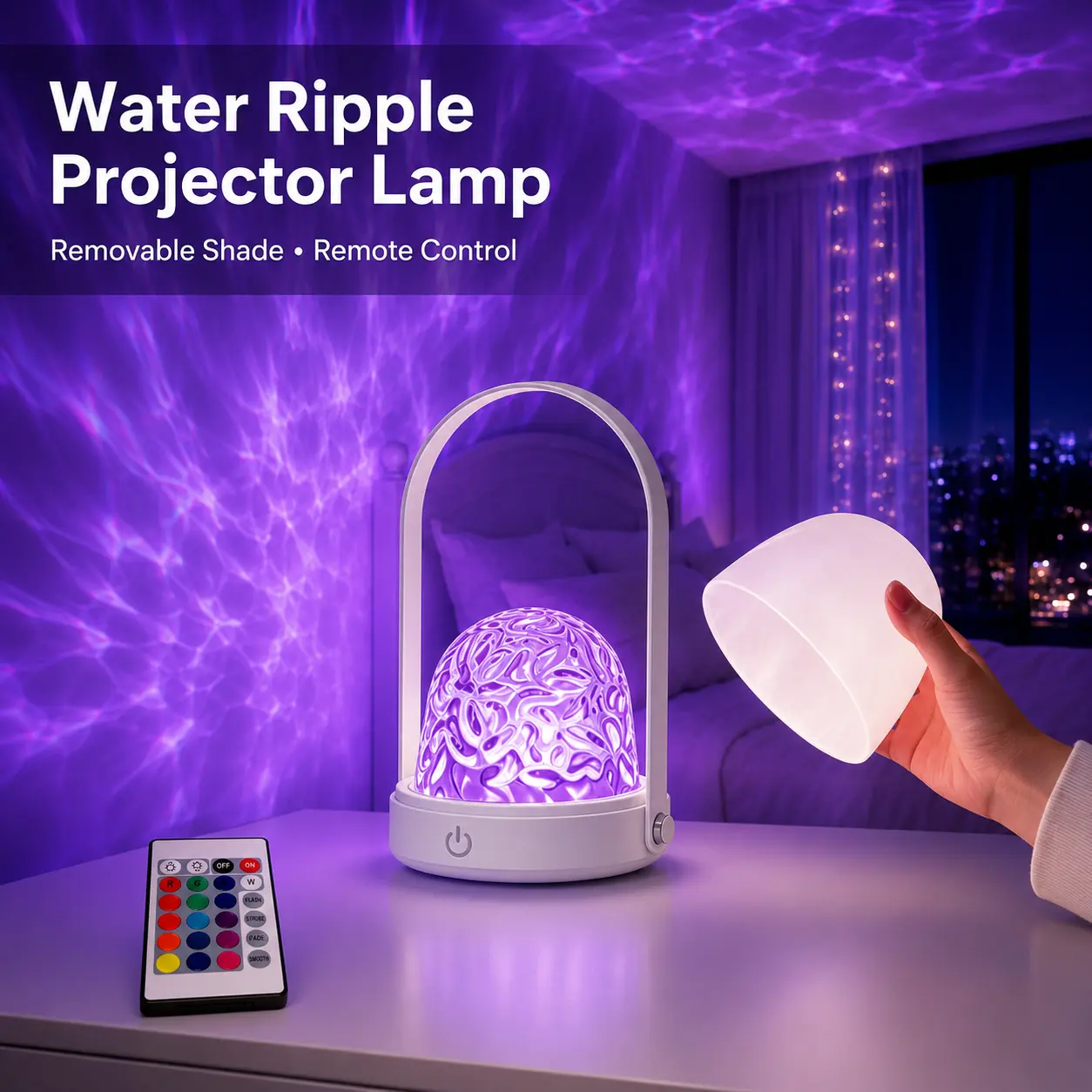 Water Ripple Projector Lamp with Rotating Effect, Ambient Lighting, Removable Shade, Remote Control, USB Rechargeable ABS Plastic Housing for Bedroom Home Use