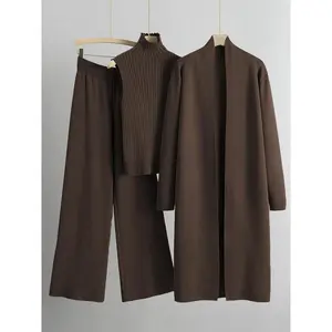 Women's plain casual and fashionable knitted stand up collar vest and wide leg pants, three piece set of cardigan long cardigan wool sweater, pullover set