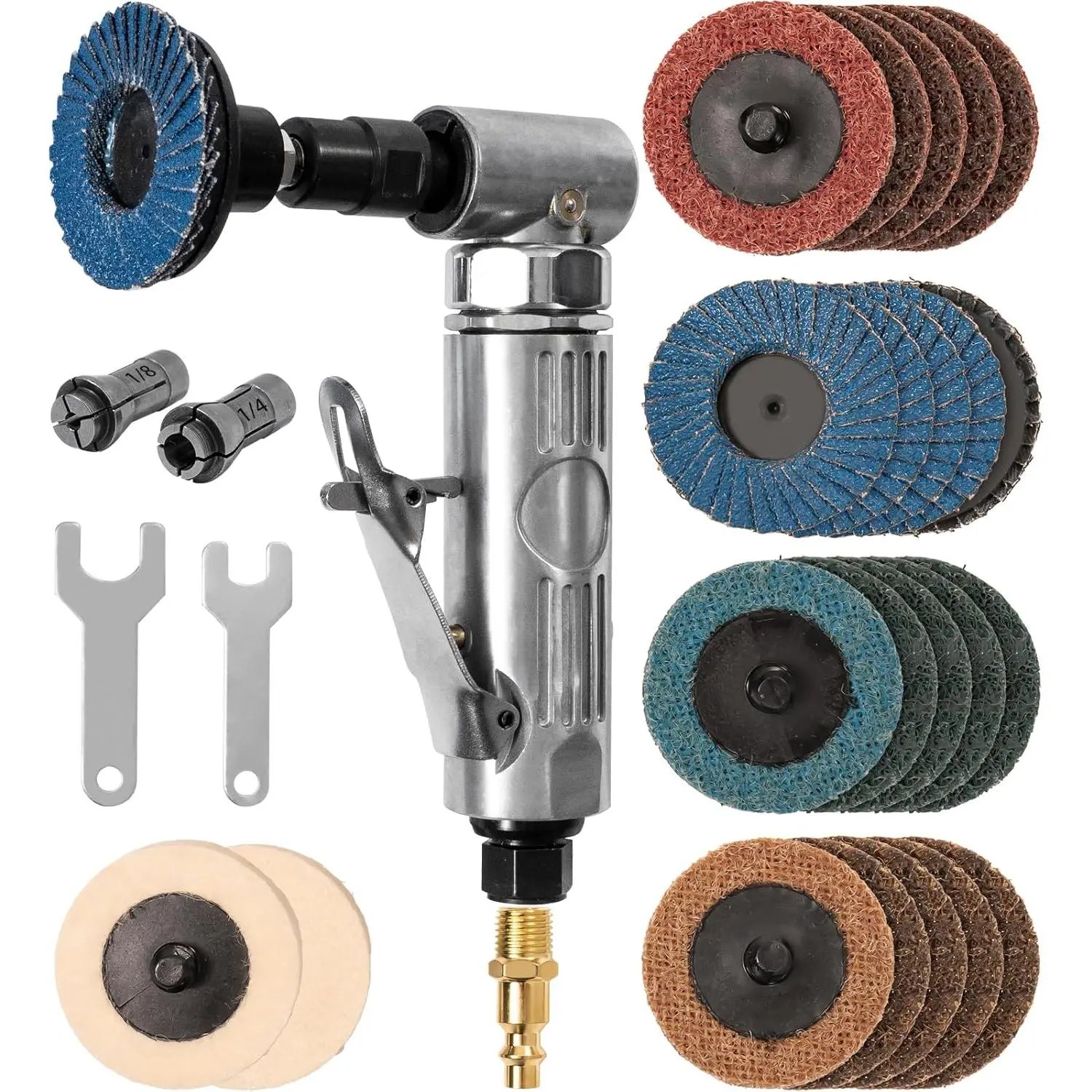 Right Angle Air Die Grinder With 22 pcs 2-inch Roll Lock Sanding Discs,1/4 inch Pneumatic Die Grinder Tool,Mini Angle Grinder Kit For Grinding,Polishing,Deburring