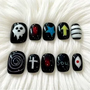 10pcs Short Square Press on nails, Unisex Y2K Star Arrow Gothic Pattern, Glossy Finish, Diy Nails Art, Perfect for Halloween Party Reusable Easy to Wear for Parties, Daily & Dancing, Nail Art Tool Spring Nails Summer Nails