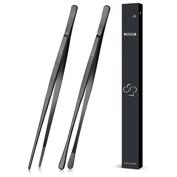 2 Pcs 12-in Stainless Steel Cooking Tweezers Utensils, Precision Serrated Tips Professional Chef Kitchen Tools for BBQ, Plating