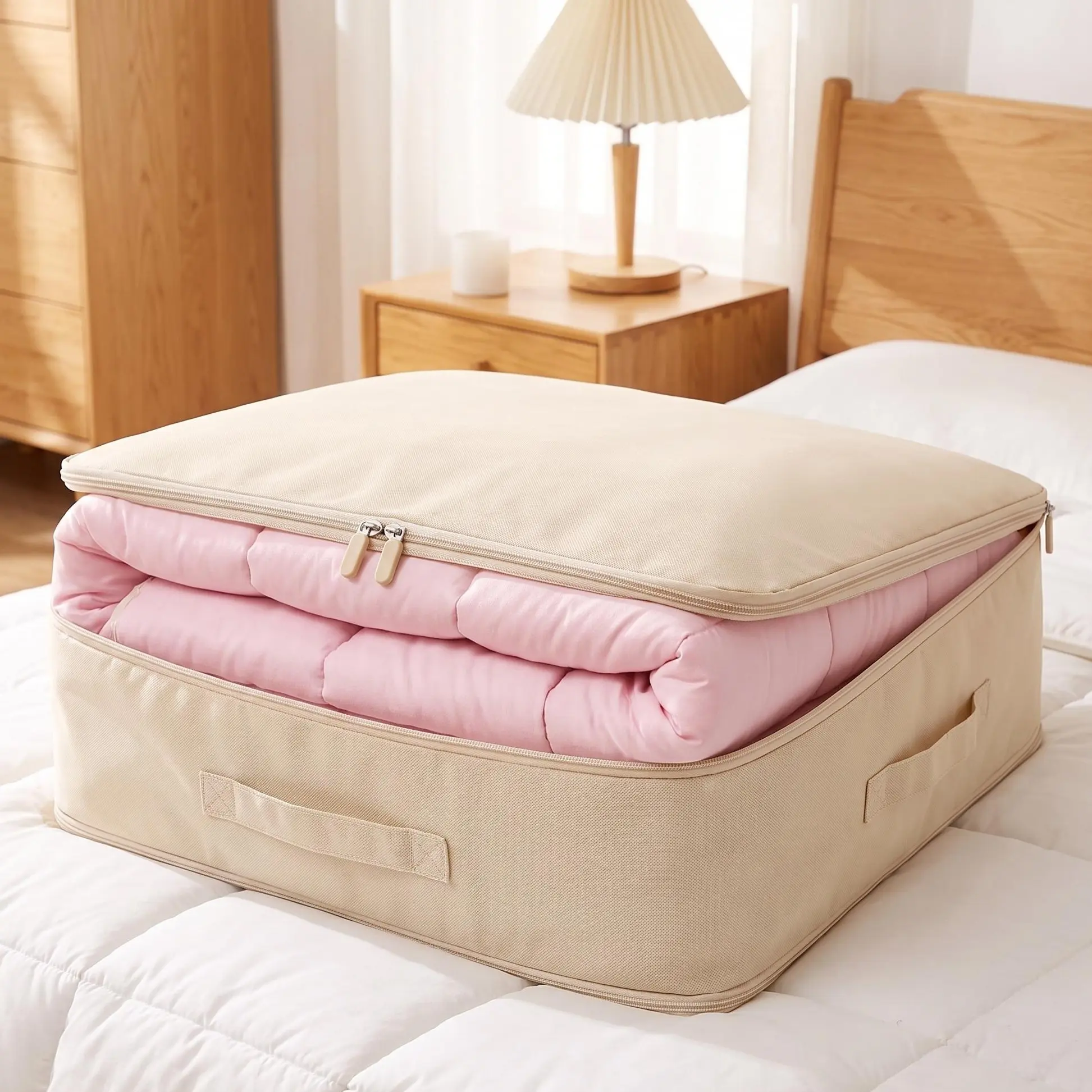 1Pcs Foldable Self-Compression Storage Bag with Dual Zippers, Home Organizer for Comforter, Quilt, Blanket, Clothes, Pillows, Bedding Closet Storage Container