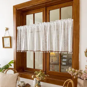 1pc Vintage Lace Trim Transparent Curtain Panel, Rod Pocket Hanging, Garden, Cabin, Living Room, Bedroom, Balcony, Kitchen Window Decor, Tassel Decor Curtain, Home Decoration Curtain, Net Curtain Window