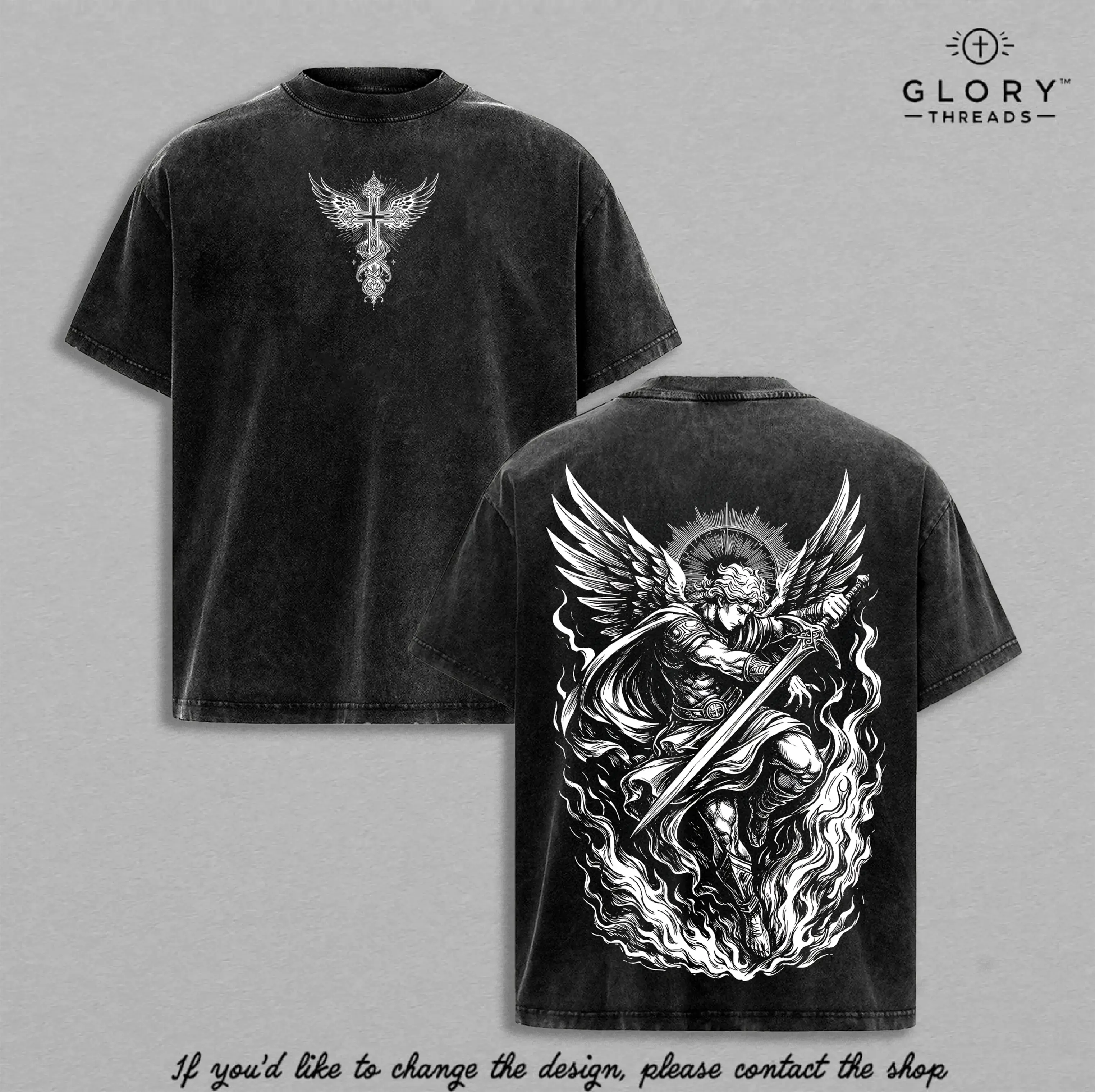 Men's Oversized Christian Short-Sleeve T-Shirt - Archangel Michael Vintage Washed, Relaxed Fit, Angel of Fire Faith Graphic, Heavy Cotton Dark Scripture Streetwear, Reinforced Shoulder Seams, Seamless Ribbed Neckline, Unisex Believer Worship Top, Oversize