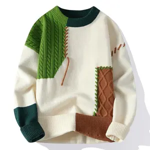 American Street Style High-End Personalized Comfortable Skin Friendly Soft Minimalist Men's Polyester Fiber Knitted Sweater Dopamine Color Round Neck Warm Knit College Style Unisex Knitwear Menswear