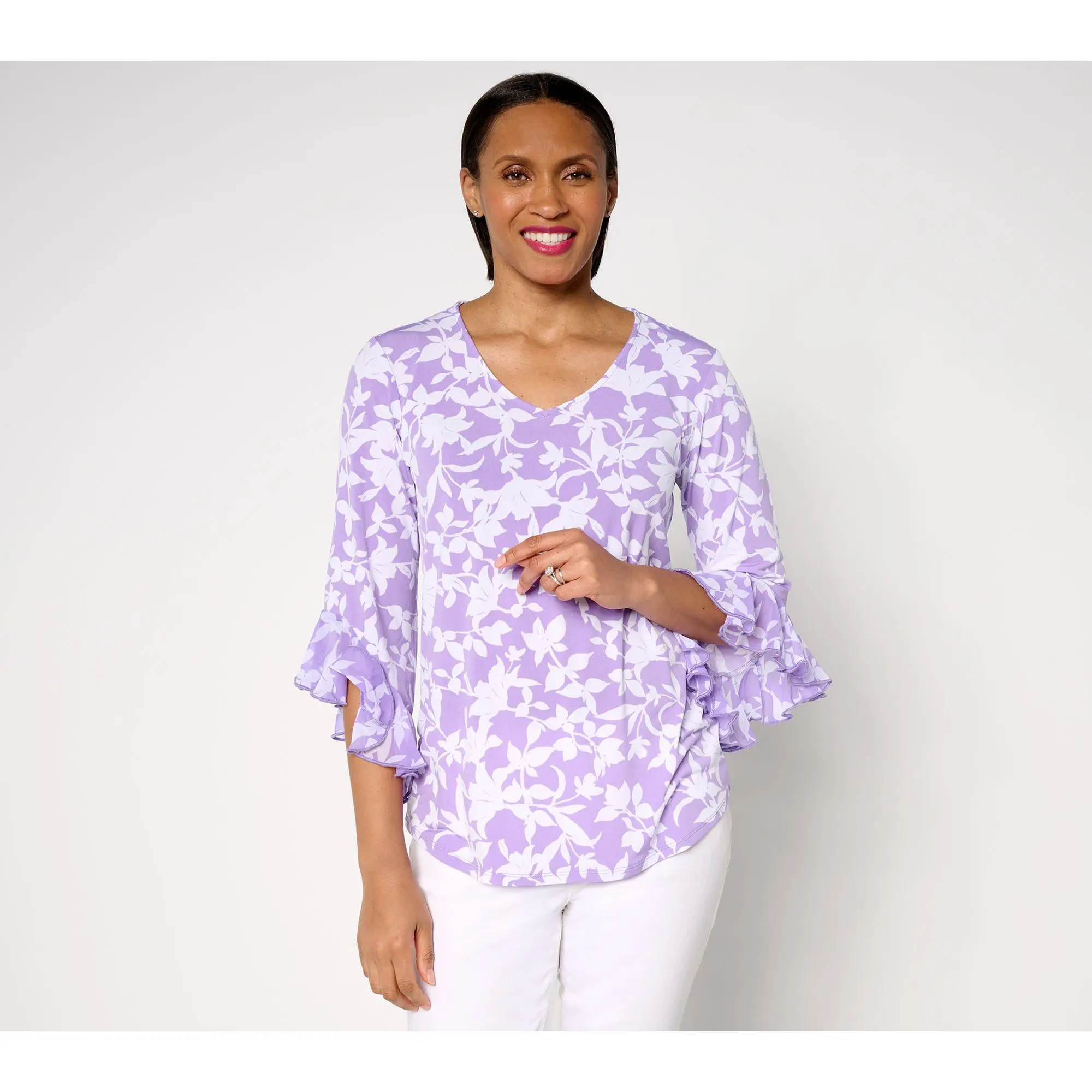Susan Graver Printed Liquid Knit Top with Chiffon Ruffle Sleeve - TikTok Shop Susan Graver Printed Liquid Knit Top with Chiffon Ruffle Sleeve - TikTok Shop
