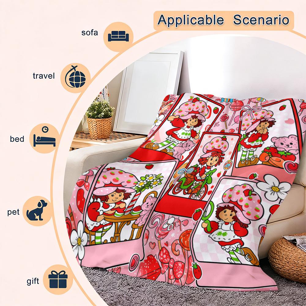 Strawberry Shortcake Flannel Throw Blanket, Sweet Strawberry Girl & Cat Design, Cartoon Pattern Blanket, Soft Lightweight Cozy, child Room Sofa Decor, Nostalgic Gift Suitable for all four seasons A gift suitable for fans, friends and children