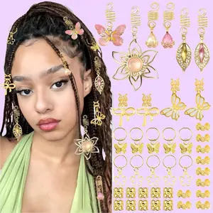 40PCS Butterfly Dreadlock Jewelry Crystal Loc Charms Flower Hair Pendant Braids Clips Metal Dreadlock Hair Cuffs Rings Gold Braids Accessories for Women hair  clab  clips miniclaw  clips