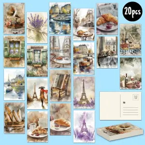 20pcs Postcards – 20 - piece Postcard Set: Enchanting Scenes of Paris in Watercolor - Cafes, Croissants, and Iconic Landmarks, Collectible Home Decor, Scrapbooking,  Greeting Cards (4 x 6 inches）