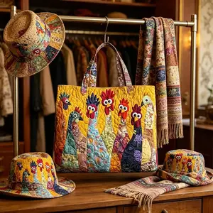 Boho Digital Printed Quilted Tote Bag, Cute Chicken Pattern Shoulder Bag For Commuting Grocery Travel And Gift Giving