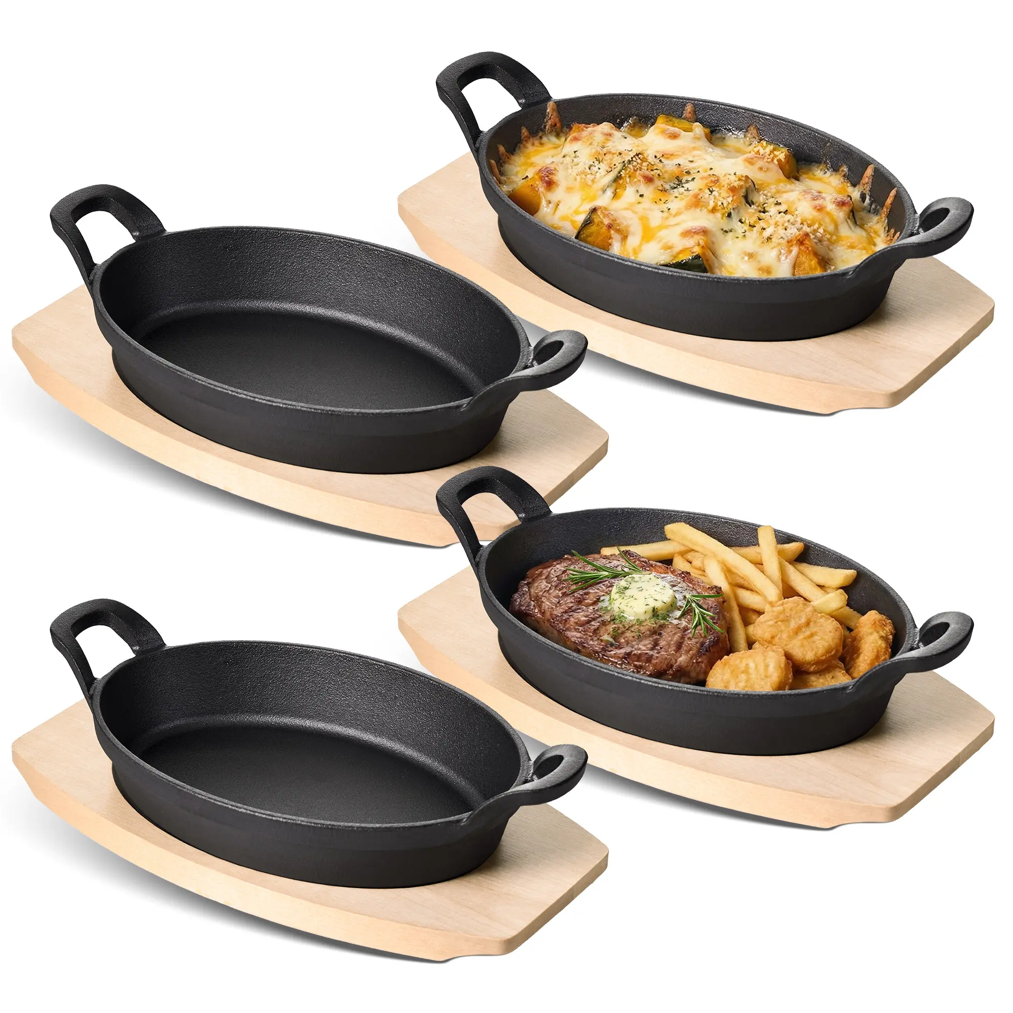 4-Piece Cast Iron Sizzler Plate Set with Wooden Base, Oval Steak Serving Pan, Pre-Seasoned Mini Skillet Set