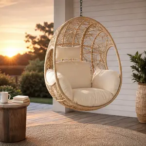 ARCH Hanging Egg Chair with Stand, PE Wicker Outdoor Patio Swing Chair, Natural Waterproof Cushion, 350 lbs Capacity, Indoor/Outdoor Lounger for Garden Balcony Living Room, Single Seat, Natural Color Options, PE Rattan+Iron+Waterproof Fabric Material