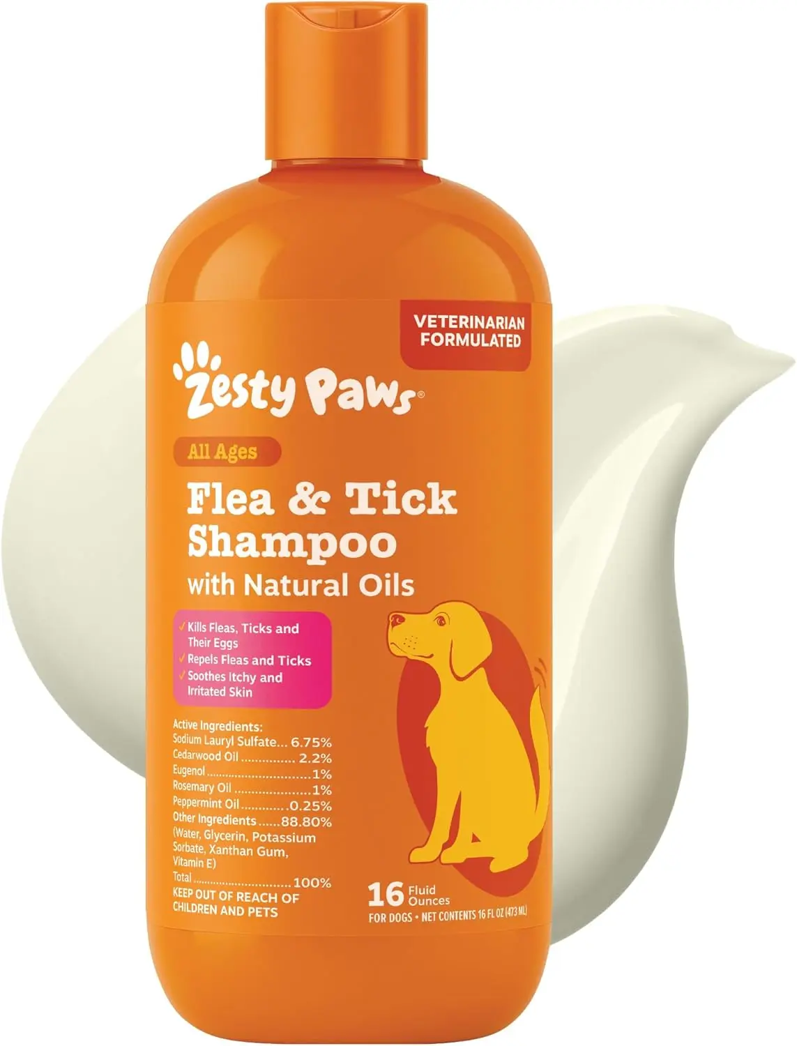 Zesty Paws Flea & Tick Removal Shampoo for Dogs - 16-fl oz Natural Soothing Deodorizing Cleaning Formula with Cedarwood Oil & Peppermint for Skin & Coat Care