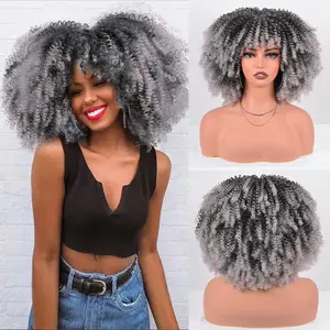 Afro Curly Wig with Bangs for Black Women 12 Inches Soft and Bouncy Kinky Curly Wig 280g/Piece Ombre Grey Short Full Machine Made Scalp Synthetic Hair Wigs Easy to Wear Natural Lady Afro Kinky Wigs Daily Use Cosplay Wigs (Ombre Grey)