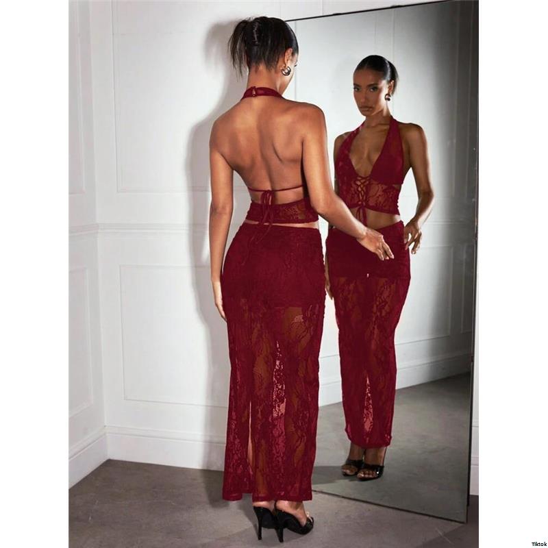 SexyWomenPartyAfternoonTeaOutfit ElegantLaceLongBeachDress tiktokBAEBlackSheerLaceHalterCriss - CrossBandageCorsetTop LowRiseLaceSkirt Music ConcertFestivalOutfit
