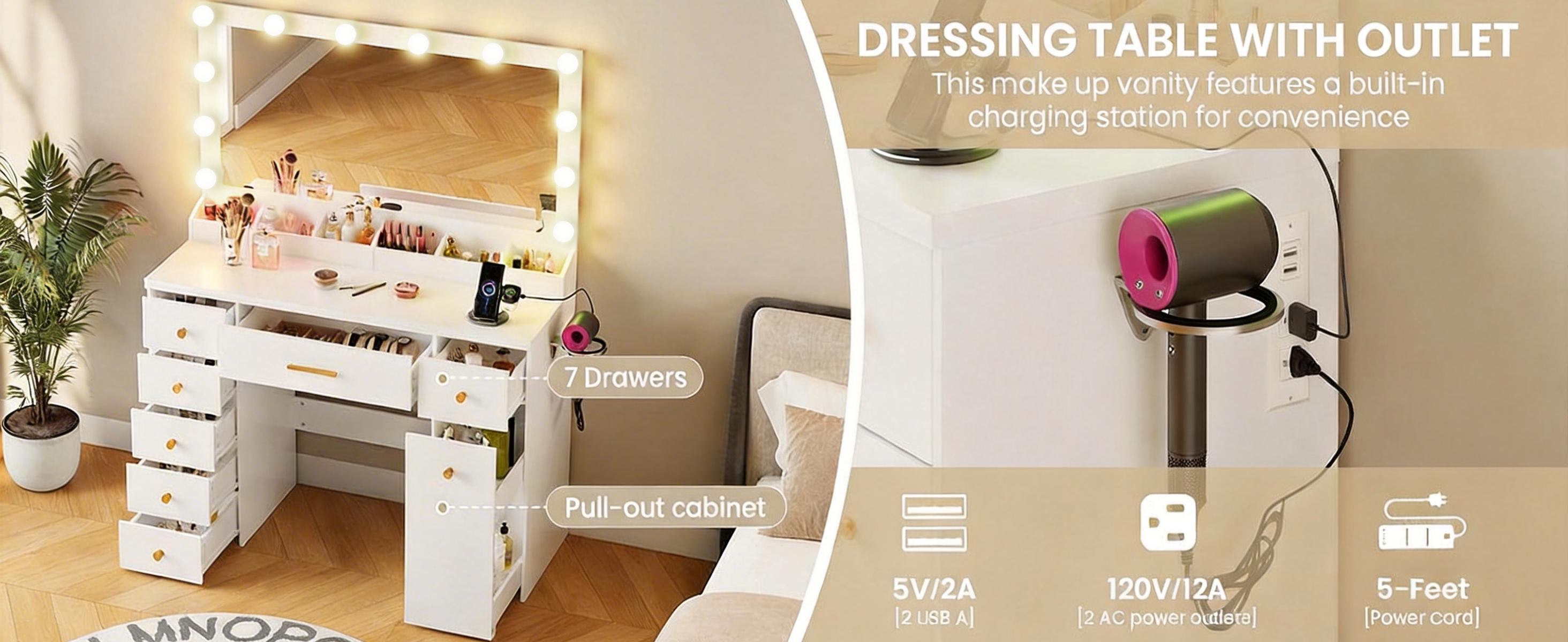 LAKEMID Large Mirror Vanity with LED Lighting, featuring 12 Hollywood-style bulbs and three-color adjustable lighting (comes with a set of colored string lights). 7-drawer vanity with pull-out storage, bedroom vanity, white