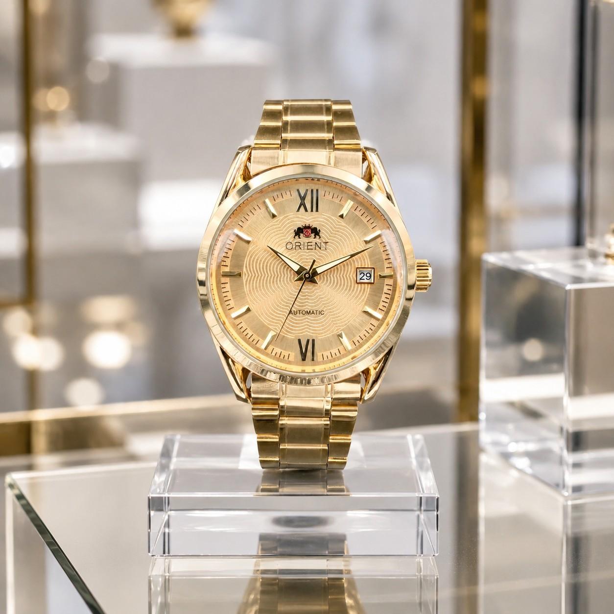 Orient Full Gold Automatic Mechanical Men's Watch - Gold Stainless Steel Strap, Textured Golden Dial with Roman Numerals & Date Window, Self-Winding Waterproof Business Dress Watch, Luxury Timepiece, Ideal Birthday Gift for Gentlemen