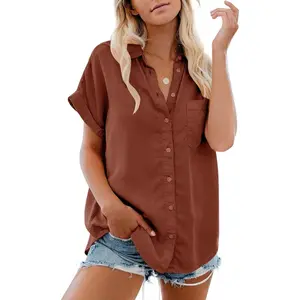 Womens Button Down Casual Shirts Cotton Short Sleeve Blouses Solid Summer Tops with PocketGift