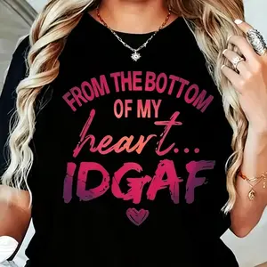 Plus Size, Women's Plus Size Oversized T-Shirt - Cute From My Heart Don't Care Pink & Purple Font Print, Lightweight Breathable Summer & - Top, Relaxed Fit Round Neck Tee