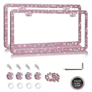 Diamond Glitter Stainless Steel License Plate Frame, Ladies Car Decor, Comes With Easy Installation Kit And Start Button Sticker, For Car And SUV, American License Plate Standard, Fashion Accessory, Stylish Car Decor, Birthday, Holiday Gift