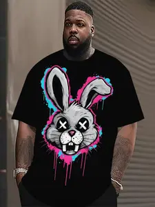 【Plus Size】Cartoon Rabbit Print Round Neck Tee, Fashion Casual Crew Neck Short Sleeve T-shirt for Daily Holiday Vacation Outdoor Wear, Men Plus Size Clothing for All Seasons, Top