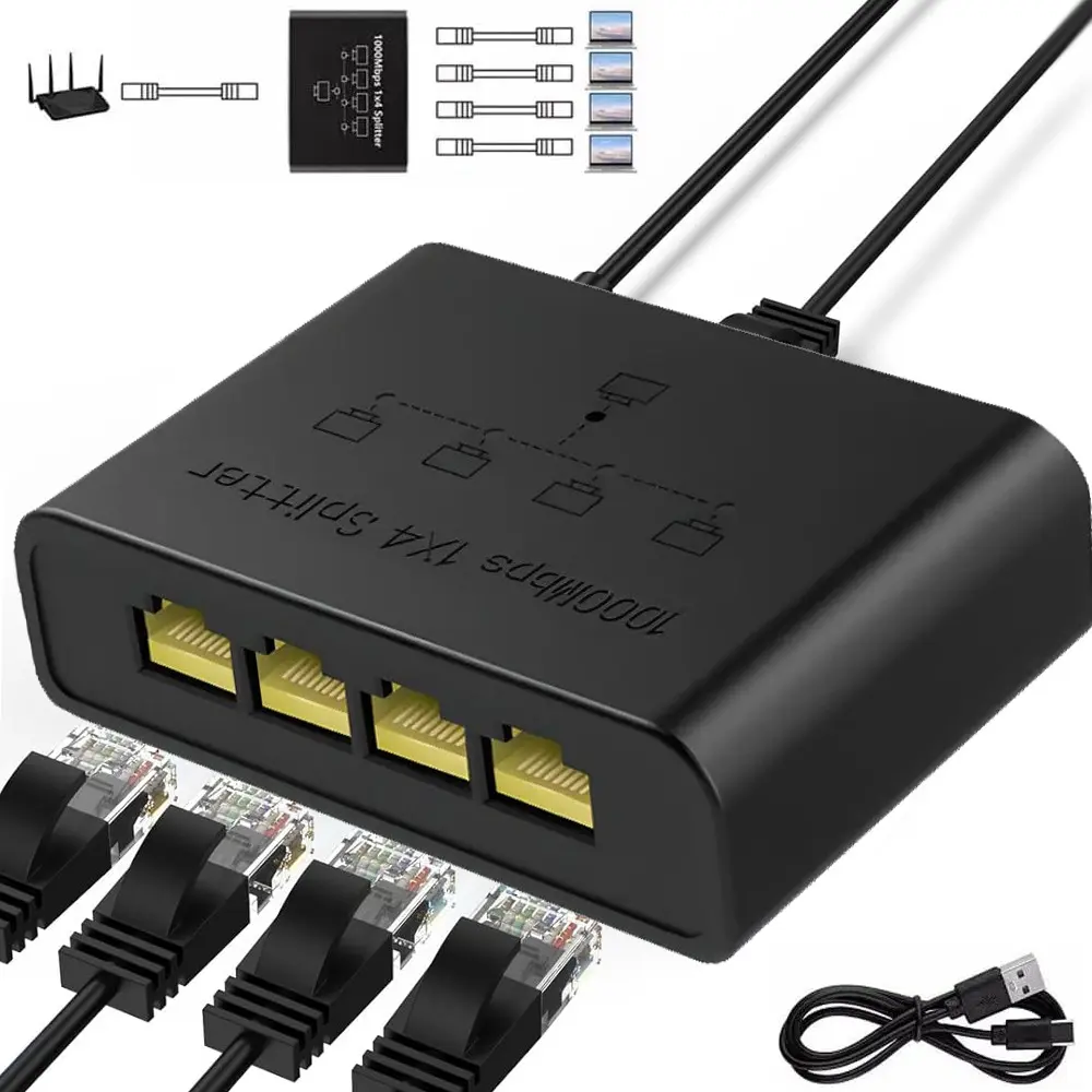 Gigabit Ethernet Splitter - 1 to 4 High Speed, 4 Devices Simultaneously ...