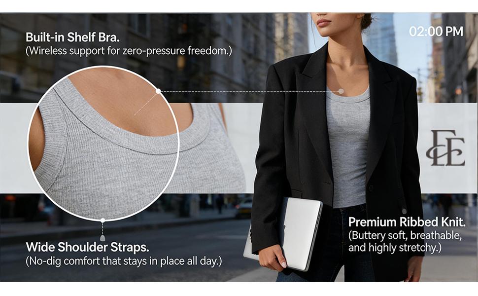 EssElegance Ribbed Workout Tank Tops for Women with Built in Bra Tight Racerback Scoop Sports Tank Neck Athletic Top for Summer And All Seasons Womenswear Bras