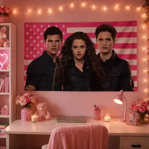 Twilight Trio Flag | Bella Swan, Edward Cullen, Jacob Black | Pink US Flag Tapestry | Vampire Romance Dorm Frat Decor