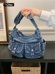 Make old denim multi pocket armpit crossbody bag | Soft silhouette+multi pocket design+adjustable shoulder strap, can be slung under the armpit, can be carried for daily commuting, shopping, and exploring stores, with a Y2K retro atmosphere, whoever carri