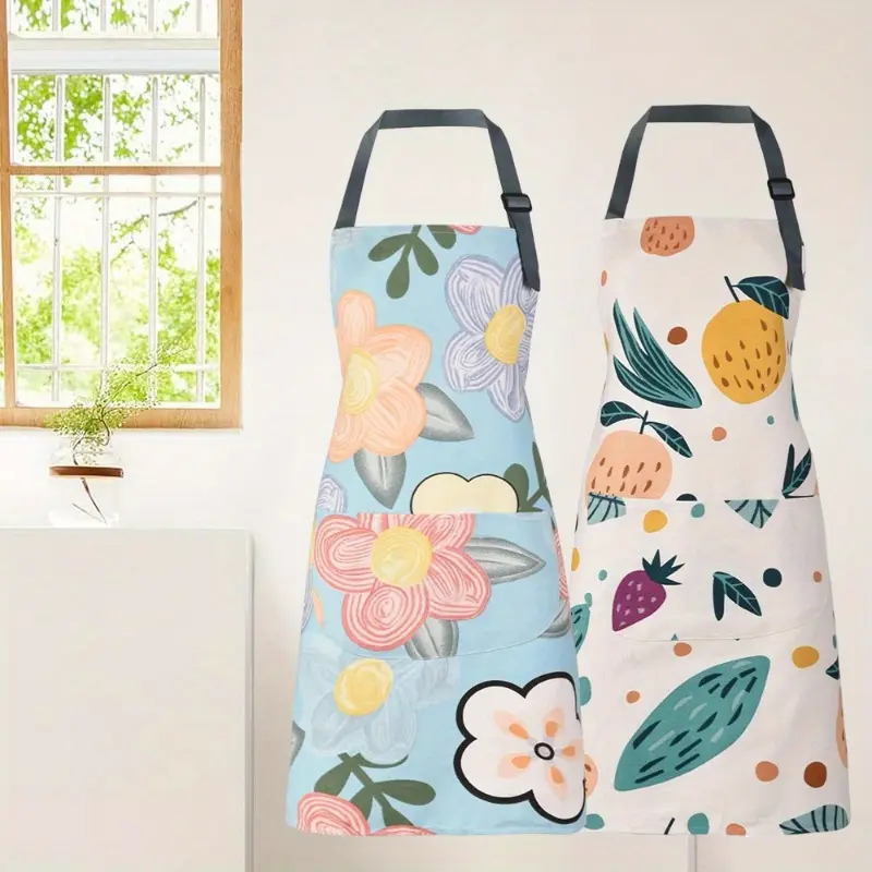 2PCS Floral Print Waterproof Apron with Pockets - Adjustable,Multi-Purpose Kitchen Gardening Apron for Women Wrinkle-Resistant Fabric