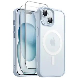 JETech 3 in 1 Magnetic Case for iPhone 15 Series with 2 Pack Tempered Glass Screen Protectors, Compatible with MagSafe, Translucent Matte Back Shockproof Phone Cover