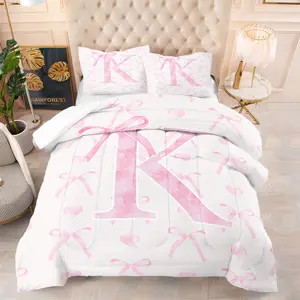 Sweet Cute Bow Quilt Set, Soft Breathable Bedding, 26 Letter Design, Perfect for Girls' Bedroom, Includes 1-2 Pillowcases