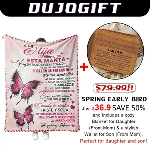 Two items with personalized Spanish engravings—Easter and graduation gifts from parents to their son and daughter: a soft flannel blanket and a cowhide wallet. Birthday gifts for boys and girls, party decorations for girls, and birthday decorations.