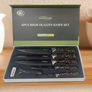 6-Piece Kitchen Knife Set Chef knife set, black kitchen knife set includes sharp meat knives, made of non-stick stainless steel, an ideal Father's Day gift. Block scissors Meatcleaverset Kitchenware Box Cutting